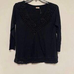 Y2K Hollister Black Crochet Trim V Neck‎ Long Sleeve Top Women Size Small